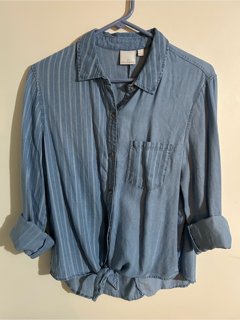 NWOT Sharagano Women's Blue Striped Chambray Button-Up Tie Front Blouse Size S